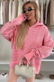 Rose Stripe Thumbhole Side Slits Drop Shoulder Loose Fit Hoodie