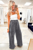 Medium Grey Mineral Wash Lace-up High Waist Raw Hem Patched Pocket Pants