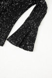 Black Sequin Mock Neck Drape Open Back Bell Sleeve Top