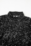 Black Sequin Mock Neck Drape Open Back Bell Sleeve Top
