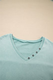 Mist Blue Mineral Wash Exposed Seam Buttoned V Neck Pullover Top
