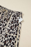 Khaki Exposed Seam Patched Pocket Plus Size Drawstring Leopard Wide Leg Pants