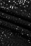 Black Sequin Mock Neck Drape Open Back Bell Sleeve Top