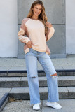 Smoke Gray Color Block Waffle High Low Raglan Sleeve Sweatshirt
