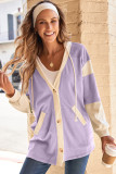 Orchid Petal Waffle Contrast Knit Color Block Patchwork Button Front Oversize Hoodie