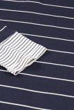 Navy Blue Striped Color Block Buttoned Waffle Knit Shirt