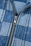 Sky Blue Checkerboard Zipped Neck Kangaroo Pocket Denim Hoodie