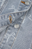 Sky Blue Bow Knot Print Light Wash Raw Hem Denim Jacket
