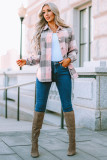 Pink Gray Plaid Color Block Buttoned Long Sleeve Jacket with Pocket