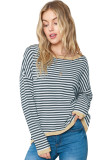 Dark Grey Striped Contrast Trimmed Drop Shoulder Sweater