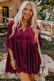 Burgundy 3/4 Sleeve Tunic Babydoll Velvet Shirt