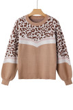 Straw Yellow Leopard Color Block Knit Round Neck Baggy Sweater