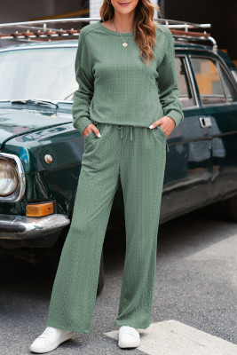 Smoke Green Textured Round Neck Sweatshirt & Loose Drawstring High Waist Pant Set