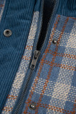 Gray Plaid Corduroy Patchwork Collared Zip Up Snap Button Jacket