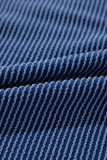 Navy Blue Oversized Twist Ribbed Collared Henley Top with Roll up Sleeve