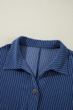 Navy Blue Oversized Twist Ribbed Collared Henley Top with Roll up Sleeve