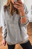 Gray Varsity Contrast Striped Trim V Neck Sweatshirt