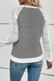Black Stripe Textured Knit Contrast Hollowed Lace Patchwork Long Sleeve Top