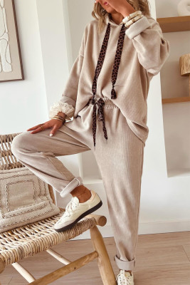 Parchment Leopard Drawstring Pullover Hoodie and High Waist Pants Corduroy Suit