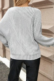 Gray Ribbed Knit Round Neck Long Lantern Sleeve Top