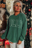 Blackish Green Twisted Rib Outlined Merry Letter Graphic Loose Long Sleeve Top