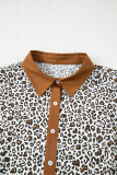 Khaki Plus Size Button V Neck Leopard Print Puff Sleeve Loose Mini Dress