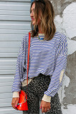 Blue Stripe Textured Elbow Patched Crew Neck Drop Shoulder Sweatshirt