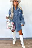Blue Beau Chest Pocket Raw Hem Denim Loose Shirt Dress