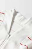 Fiery Red Zip V Neck Casual Stripe Print Drop Shoulder Long Sleeve Top