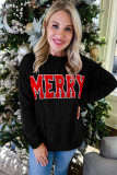 Black Twisted Rib Outlined Merry Letter Graphic Loose Long Sleeve Top