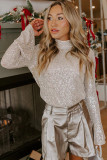 Jet Stream Sequin Mock Neck Drape Open Back Bell Sleeve Top