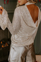 Jet Stream Sequin Mock Neck Drape Open Back Bell Sleeve Top