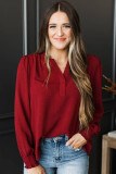 Burgundy Notched Neck Shirred Cuff Long Sleeve Blouse
