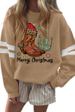 Light French Beige Merry Christmas Western Boots Printed Varsity Baggy Sweatshirt