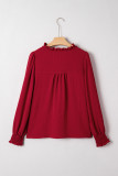 Burgundy Notched Neck Shirred Cuff Long Sleeve Blouse