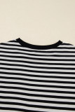 Black Striped Print Drop Shoulder Lace Trim Bracelet Sleeve Loose Top