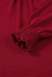 Burgundy Notched Neck Shirred Cuff Long Sleeve Blouse
