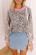 Khaki Leopard Print Contrast V Neck Varsity Stripe Detail Long Sleeve Top