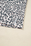 Khaki Leopard Print Contrast V Neck Varsity Stripe Detail Long Sleeve Top