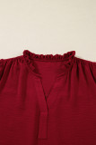 Burgundy Notched Neck Shirred Cuff Long Sleeve Blouse