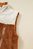 Chestnut Color Block Plush Patchwork Zipper Stand Neck Vest