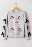 Light Grey Sequin Santa Claus Patched Ribbon Bow Detail Split Sleeve Baggy Sweatshirt