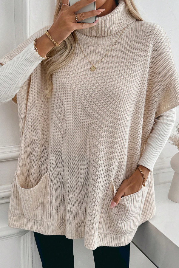 Jet Stream Plain Knit Casual Turtleneck Short Sleeve Tunic Sweater with Pockets