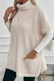 Jet Stream Plain Knit Casual Turtleneck Short Sleeve Tunic Sweater with Pockets