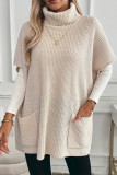Jet Stream Plain Knit Casual Turtleneck Short Sleeve Tunic Sweater with Pockets