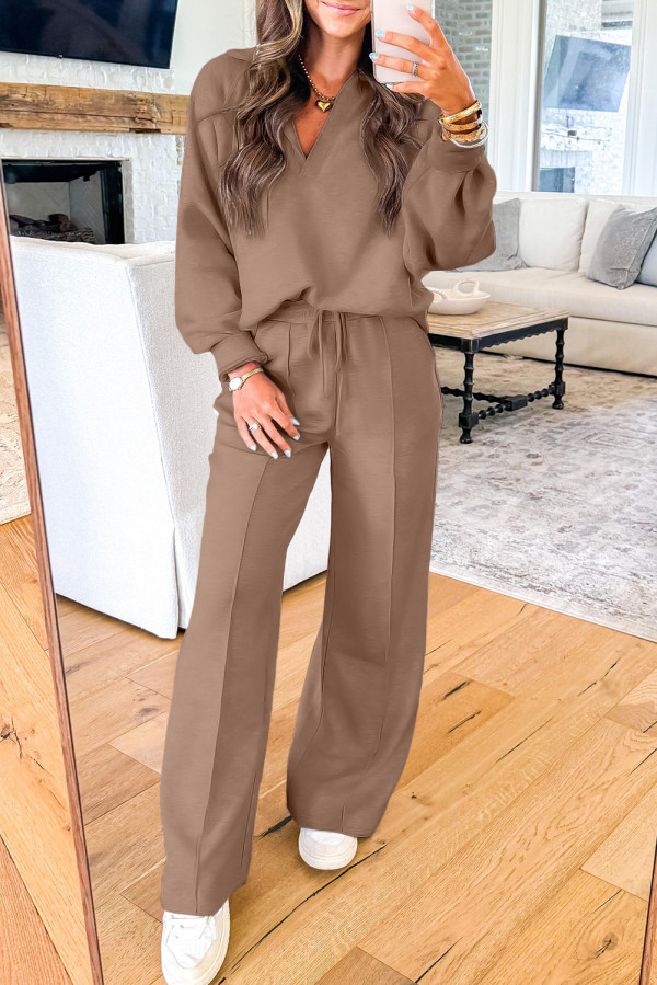Dark Khaki Polo Collar V Neck Pullover and Drawstring Sweatpants Set