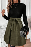Black Ribbed Knit Slim Bodice Contrast Flared Skirt Patchwork Belted Dress
