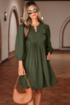 Moss Green Bracelet Sleeve Split Neck Scallop Detail Pleated Corduroy Mini Dress