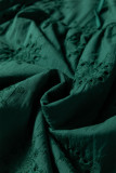 Blackish Green Embroidered Eyelet Pattern 3/4 Puffy Sleeve Swing Mini Dress