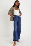 Navy Blue Raw Hem Unique Cuffs Straight High Rise Loose Jeans
